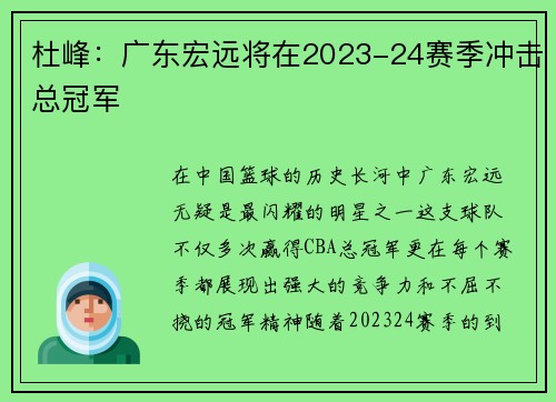 杜峰：广东宏远将在2023-24赛季冲击总冠军