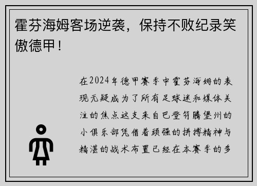 霍芬海姆客场逆袭，保持不败纪录笑傲德甲！