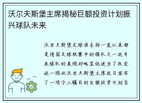 沃尔夫斯堡主席揭秘巨额投资计划振兴球队未来