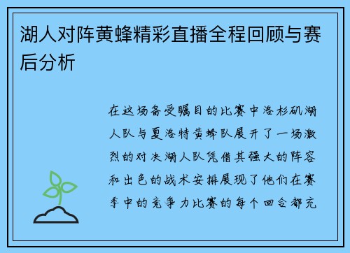 湖人对阵黄蜂精彩直播全程回顾与赛后分析