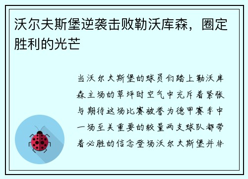 沃尔夫斯堡逆袭击败勒沃库森，圈定胜利的光芒