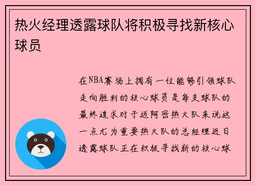 热火经理透露球队将积极寻找新核心球员